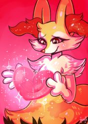 Rule 34 | animal nose, braixen, commentary, creature, creatures (company), english commentary, eyelashes, flufflixx, furry, game freak, gen 6 pokemon, glowing, gradient background, highres, holding, nintendo, pokemon, pokemon (creature), snout, solo, sparkle, standing, upper body