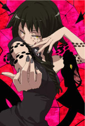 Rule 34 | 00s, arachne (soul eater), black hair, cosplay, looking at viewer, lowres, medusa gorgon, medusa gorgon (cosplay), nail polish, possessed, possession, soul eater, yellow eyes