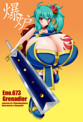 Rule 34 | 1girl, blush, breasts, bursting breasts, chun, female focus, gigantic breasts, green hair, red eyes, side ponytail, sword, tagme, tattoo, weapon