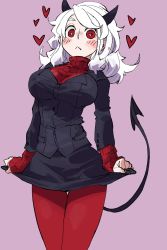 Rule 34 | 1girl, :&lt;, black horns, black jacket, black tail, blazer, blush, book, breasts, clothes lift, commentary, demon girl, demon horns, demon tail, english commentary, heart, heart-shaped eyes, helltaker, highres, horns, jacket, large breasts, lifted by self, looking at viewer, modeus (helltaker), oioidaddy, pants, pantyhose, pink background, red eyes, red pantyhose, red sweater, ribbed sweater, skirt, skirt lift, standing, sweater, tail, thighs, white hair