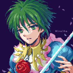 Rule 34 | 1girl, asellus (saga frontier), blue dress, closed mouth, dress, falling petals, flower, green hair, hair between eyes, hiroita, holding, holding sword, holding weapon, looking at viewer, lowres, petals, pink petals, pixel art, portrait, puffy short sleeves, puffy sleeves, red flower, red rose, rose, saga, saga frontier, short hair, short sleeves, signature, solo, sword, weapon