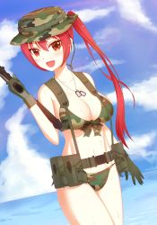 Rule 34 | 1girl, absurdres, alice, assault rifle, bad id, bad pixiv id, bikini, boonie hat, breasts, brown eyes, camouflage, camouflage bikini, cleavage, cloud, dog tags, dutch angle, fang, gloves, gradient background, gun, highres, kosei (wea), large breasts, long hair, looking at viewer, m4 carbine, mikhail n, military, ocean, open mouth, orange eyes, original, outdoors, ponytail, red hair, rifle, sky, smile, solo, swimsuit, weapon, wet, woodland camouflage