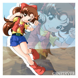 Rule 34 | 1girl, artist request, belt, blue shorts, boots, brown eyes, brown hair, child, gene diver, haga yui (gene diver), hair ornament, long hair, shirt, shorts, solo, white wristband, wristband, yellow shirt