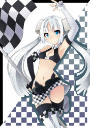 Rule 34 | 10s, 1girl, armpits, bad id, bad pixiv id, blue eyes, boots, checkered background, checkered clothes, checkered flag, checkered skirt, elbow gloves, fingerless gloves, flag, gloves, hair bun, highres, keid, long hair, midriff, miss monochrome, miss monochrome (character), parted bangs, race queen, silver hair, skirt, solo, thighhighs, twintails
