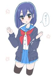 Rule 34 | 1girl, :o, blue hair, blue skirt, blush, brown eyes, buttons, cardigan, clenched hands, cosplay, cowboy shot, eyelashes, flat color, flip flappers, hair between eyes, hair ornament, hairclip, hands up, jacket, kokomine cocona, long sleeves, looking at viewer, neckerchief, open cardigan, open clothes, open mouth, pleated skirt, red neckerchief, sailor collar, school uniform, serafuku, shirt, short hair, simple background, skirt, solo, sou (mgn), thighhighs, thought bubble, translated, tsurime, white background, yayaka, yayaka (cosplay), zettai ryouiki