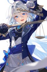Rule 34 | 1girl, ahoge, ascot, black gloves, blue eyes, blue hair, blue hat, blue jacket, furina (genshin impact), genshin impact, gloves, hair between eyes, hat, heterochromia, highres, jacket, light blue hair, long hair, long sleeves, looking at viewer, multicolored hair, open mouth, simple background, smile, solo, sp0i0ppp, top hat, white background, white gloves, white hair