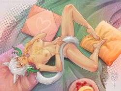 Rule 34 | 1girl, animal ears, barefoot, breasts, cat ears, cat girl, cat tail, completely nude, dark-skinned female, dark skin, feather hair ornament, feathers, final fantasy, final fantasy xiv, grey eyes, grey hair, hair ornament, hand on own face, highres, index finger raised, kitsuneka-san, looking at viewer, lying, medium breasts, miqo&#039;te, nipples, nude, on back, pillow, short hair, solo, spread legs, tail, tattoo, white hair, y&#039;shtola rhul