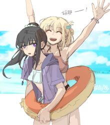 Rule 34 | 2girls, armpits, bare arms, bikini, black hair, blonde hair, blue bikini, blue sky, chinese commentary, closed eyes, cloud, commentary request, cowboy shot, frilled bikini, frills, innertube, inoue takina, jacket, long hair, looking at viewer, lycoris recoil, medium hair, multiple girls, nishikigi chisato, one side up, open clothes, open jacket, outdoors, outstretched arms, parted lips, pink bikini, ponytail, purple eyes, purple jacket, short sleeves, sky, swim ring, swimsuit, translation request, yanlingjinshilihuahua