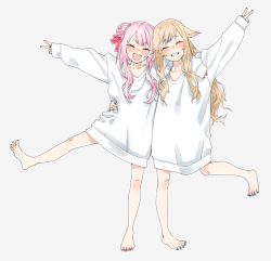 Rule 34 | 2girls, arm over shoulder, arm up, barefoot, blonde hair, character request, commentary, copyright request, closed eyes, feet, gengorou, grin, hair bun, hair flaps, hug, long hair, multiple girls, no pants, open mouth, pink hair, shirt, side bun, single hair bun, single side bun, smile, soles, standing, standing on one leg, toes, v, virtual youtuber, white shirt
