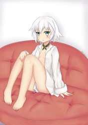 Rule 34 | 1girl, :t, arm support, bare legs, barefoot, belt, belt buckle, black belt, blush, breasts, buckle, closed mouth, collarbone, commentary request, couch, dated, facial scar, fate/grand order, fate (series), feiyyx, grey background, grey eyes, hair between eyes, highres, jack the ripper (fate/apocrypha), long sleeves, looking at viewer, naked shirt, no bra, on couch, open clothes, open shirt, plantar flexion, pout, scar, scar across eye, scar on cheek, scar on face, shirt, short hair, signature, silver hair, sitting, sleeves past wrists, small breasts, solo, white shirt