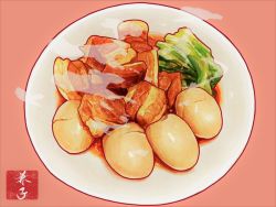Rule 34 | egg, egg (food), food, food focus, hardboiled egg, highres, kaneko ryou, meat, no humans, original, plate, realistic, sauce, simple background, steam, still life, vegetable