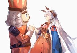 Rule 34 | absurdres, arknights, blue coat, coat, dadijiji, doll, highres, holding hands, long hair, looking at another, official alternate costume, simple background, very long hair, weedy (arknights), weedy (candy cape) (arknights), white background, white hair