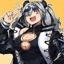Rule 34 | 1girl, animal ears, arknights, bear ears, black dress, black hair, black jacket, breasts, china dress, chinese clothes, cleavage cutout, clothing cutout, commentary, dress, english commentary, eyewear on head, feater (arknights), graysheartart, grey hair, hair over one eye, hand up, highres, jacket, large breasts, looking at viewer, looking down, multicolored hair, open mouth, outline, panda ears, panda girl, purple-tinted eyewear, signature, simple background, smile, solo, streaked hair, sunglasses, tinted eyewear, upper body, yellow background, yellow eyes