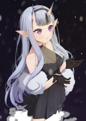 Rule 34 | 1girl, bare shoulders, black dress, black gloves, blush, commentary request, dress, earrings, gloves, halterneck, horns, jewelry, long hair, looking away, mole, mole under mouth, nijisanji, oni, parted lips, pointy ears, purple eyes, rindou mikoto, short dress, short eyebrows, silver hair, skin-covered horns, solo, syhan, thick eyebrows, virtual youtuber