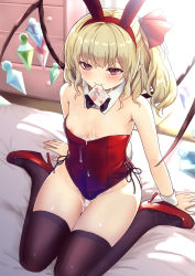 Rule 34 | 1girl, alternate costume, animal ears, arms behind back, bare shoulders, black thighhighs, blonde hair, blush, breasts, commentary request, condom, condom in mouth, condom wrapper, crystal, culter, cum, cum on body, cum on breasts, cum on upper body, detached collar, fake animal ears, flandre scarlet, full body, high heels, highres, indoors, legs, leotard, leotard pull, long hair, looking at viewer, medium hair, mouth hold, naughty face, nipple slip, nipples, no bra, on bed, playboy bunny, rabbit ears, red eyes, red leotard, side ponytail, sitting, small breasts, smile, solo, thighhighs, thighs, touhou, vampire, wings, wrist cuffs