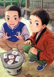Rule 34 | 2boys, architecture, b gent, child, closed mouth, commentary request, dotera (clothes), east asian architecture, food, grill, jacket, long sleeves, looking at food, looking at viewer, male focus, multiple boys, open mouth, original, outdoors, pants, plant, potted plant, roasting, shichirin, short hair, squatting, tofu