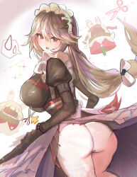 10_04ten 1girl absurdres alexandrina_sebastiane ass bangboo_(zenless_zone_zero) breasts cowboy_shot hair_between_eyes highres large_breasts light_blush light_brown_hair long_hair maid maid_headdress open_mouth red_eyes sidelocks solo sweatdrop teeth thighs upper_teeth_only zenless_zone_zero