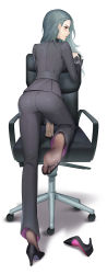 Rule 34 | 1girl, absurdres, ass, brown eyes, chair, feet, highres, long hair, looking at viewer, looking back, niijima sae, office chair, parted lips, persona, persona 5, see-through, see-through legwear, shoes, unworn shoes, soles, swivel chair, toes