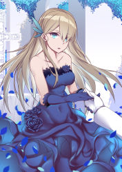 Rule 34 | 1girl, bad id, bad pixiv id, bare shoulders, blonde hair, blue dress, blue eyes, blue flower, blue gloves, blue rose, breasts, bride, cartonbox (zhixiang zhi), dress, flower, gloves, hair ornament, holding hands, lexington (cv-16) (warship girls r), long hair, looking at viewer, medium breasts, open mouth, rose, smile, solo focus, standing, warship girls r, wedding dress