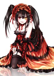 Rule 34 | 10s, 1girl, absurdres, asan (pixiv3194692), bare shoulders, black hair, breasts, cleavage, clock eyes, date a live, dress, female focus, garter straps, goth fashion, hairband, heterochromia, highres, kneeling, large breasts, lolita fashion, lolita hairband, long hair, looking at viewer, red eyes, ribbon, simple background, skirt, solo, symbol-shaped pupils, thighs, tokisaki kurumi, tongue, tongue out, twintails, very long hair, white background, yellow eyes