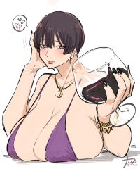 Rule 34 | 1girl, alcohol, bikini, bikini top only, black hair, black nails, blue eyes, blush, bracelet, breast rest, breasts, bright pupils, chichi8181, cleavage, collarbone, crescent, crescent necklace, cup, drinking glass, earrings, gold bracelet, gold necklace, hair between eyes, hand on own cheek, hand on own face, highres, huge breasts, jewelry, mole, mole under mouth, necklace, original, pink lips, pixie cut, purple bikini, short hair, signature, solo, speech bubble, spoken blush, swimsuit, tsukiyama touko, upper body, white pupils, wine, wine glass
