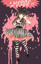 Rule 34 | 1girl, bad id, bad pixiv id, black hair, blunt bangs, brown eyes, dress, english text, fashion monster, full body, highres, kyary pamyu pamyu, nail polish, shoes, solo, striped clothes, striped dress, striped thighhighs, teeth, thighhighs, two side up, upper teeth only, vertical-striped clothes, vertical-striped dress, yoshito