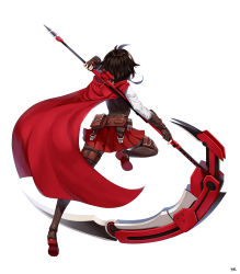 Rule 34 | arm up, black footwear, black hair, boots, brown gloves, brown vest, cape, crescent rose, fingerless gloves, floating hair, from behind, full body, gloves, highres, holding, holding scythe, leg up, medium hair, miniskirt, mk (lazymk), pantyhose, pleated skirt, red cape, red skirt, ruby rose, rwby, scythe, shirt, simple background, skirt, thigh boots, vest, white background, white shirt
