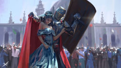 Rule 34 | 1boy, 1girl, armor, bare shoulders, blue dress, blue gemstone, blue sky, breasts, cape, crowd, crown, day, dress, closed eyes, faux traditional media, gauntlets, gem, ghostblade, head down, highres, jewelry, knight, lips, manly, medium breasts, mole, mole under eye, necklace, original, pendant, people, plate armor, princess, protecting, protest, red cape, sad, shield, short hair, silver hair, sky, strapless, strapless dress, sunlight, temple, tiara, wlop