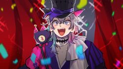 Rule 34 | 1boy, bishounen, blue eyes, blue hair, coat, collarbone, commentary, confetti, creature, creature on shoulder, diamond choker, english commentary, eyeshadow, gavis bettel, grey hair, hair between eyes, happy, hat, heterochromia, highres, holostars, holostars english, inchells, light particles, looking at viewer, makeup, male focus, medium hair, multicolored coat, multicolored hair, on shoulder, open mouth, phantom (gavis bettel), pink eyes, pink eyeshadow, pink hair, scarf, smile, solo, sparkle, striped coat, top hat, upper body, vertical-striped coat, virtual youtuber, white scarf, wide-eyed
