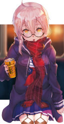 Rule 34 | 1girl, absurdres, ahoge, alter (kxk7357), artoria pendragon (fate), black-framed eyewear, blue skirt, blush, braid, breasts, can, coat, coffee, duffel coat, fate/grand order, fate (series), french braid, glasses, highres, long hair, long sleeves, looking at viewer, medium breasts, mysterious heroine x alter (fate), mysterious heroine x alter (first ascension) (fate), open mouth, pink hair, plaid, plaid scarf, purple coat, red scarf, scarf, semi-rimless eyewear, skirt, solo, thighs, under-rim eyewear, yellow eyes