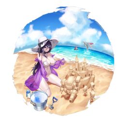 Rule 34 | !, 3girls, ahoge, ankleband, areola slip, bare shoulders, barefoot, beach, between breasts, bikini, bikini top only, black bikini, black choker, black nails, black ribbon, blue footwear, blue hair, breasts, bucket, bucket of water, choker, cleavage, cloud, cloudy sky, collarbone, covering crotch, covering privates, criss-cross halter, d-log, dolphin, echidna (last origin), flip-flops, frilled bikini, frilled choker, frilled shawl, frills, full body, green eyes, hair between eyes, halterneck, hat, hat ribbon, hela (last origin), highres, horns, jumping, large breasts, last origin, light blue hair, linea alba, long hair, looking at viewer, messy hair, multicolored hair, multiple girls, nail polish, navel, neodym, ocean, official alternate costume, official art, open mouth, outdoors, planted, planted shovel, pubic tattoo, purple eyes, purple hair, purple shawl, red hair, reflection, reflective water, ribbon, robot, sand castle, sand sculpture, sandals, see-through, see-through shawl, shawl, shovel, sitting, skindentation, sky, streaked hair, string bikini, sun hat, swimsuit, tachi-e, tattoo, thermos, thigh strap, third-party source, transparent background, two-tone hair, wariza, white bikini, white headwear, yellow eyes, yellow horns