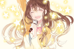 Rule 34 | 10s, :d, arm up, blazer, blush, brown hair, closed eyes, crying, half updo, happy tears, holding, holding microphone, idolmaster, idolmaster cinderella girls, jacket, long hair, microphone, mig (36th underground), music, necktie, one side up, open mouth, red necktie, school uniform, shimamura uzuki, side ponytail, simple background, singing, smile, solo, star (symbol), tears