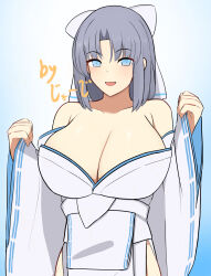 1girl absurdres arms_up artist_request bare_shoulders blue_eyes bow breasts cleavage collarbone grey_hair hair_bow highres huge_breasts japanese_clothes kimono long_sleeves looking_at_viewer open_mouth senran_kagura short_hair simple_background smile solo white_bow white_kimono yumi_(senran_kagura)