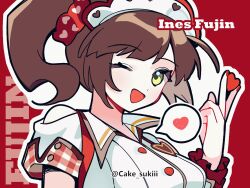 Rule 34 | 1girl, ;d, animal ears, breasts, brown hair, cake (isiofb), character name, collared shirt, dress shirt, freckles, green eyes, heart, horse ears, ines fujin (umamusume), looking at viewer, medium breasts, nail polish, one eye closed, open mouth, outline, ponytail, red background, red nails, shirt, short sleeves, smile, solo, twitter username, umamusume, upper body, white outline, white shirt, wrist cuffs
