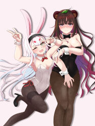 Rule 34 | 2girls, ;d, alternate costume, animal ears, armpits, arms up, azur lane, bare shoulders, black bow, black bowtie, black hairband, black leotard, black pantyhose, blush, bow, bowtie, breasts, brown eyes, brown hair, cleavage, closed mouth, collarbone, commentary request, covered navel, detached collar, double v, drop shadow, hairband, high heels, highleg, highleg leotard, highres, hikimayu, koucha (ginnta-tosio), large breasts, leaf, leaf on head, leotard, long hair, looking at viewer, medium breasts, multiple girls, nose blush, one eye closed, open mouth, pantyhose, playboy bunny, purple eyes, rabbit ears, rabbit girl, rabbit tail, raccoon ears, red bow, red bowtie, shadow, shimakaze (azur lane), side-tie leotard, sidelocks, small breasts, smile, standing, standing on one leg, strapless, strapless leotard, suruga (azur lane), sweat, tail, thighband pantyhose, traditional bowtie, v, v over eye, very long hair, white hair, white leotard, wrist cuffs