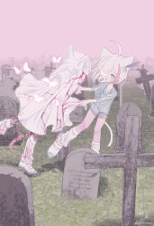 Rule 34 | 1girl, 1other, absurdres, ahoge, animal ears, bikini, bikini under clothes, blood, blood stain, blue eyes, blue nails, bug, butterfly, cat ears, cat girl, cat tail, collarbone, commentary request, cross, eyepatch, grass, graveyard, halterneck, highres, holding hands, insect, intestines, japanese clothes, kimono, knife in head, looking at another, loose socks, medical eyepatch, multicolored hair, nail polish, object through head, one eye covered, open mouth, original, outdoors, outo eguchi, pink sky, scar, scar on leg, see-through kimono, shoes, short hair, short kimono, short sleeves, signature, sky, smile, socks, standing, streaked hair, swimsuit, tail, tombstone, twitter username, uwabaki, white footwear, white hair, white socks