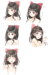 Rule 34 | &gt;:d, &gt;:o, 1girl, :d, :o, anger vein, black hair, blue eyes, blush, collarbone, expressions, female focus, hair tubes, hakurei reimu, long hair, multiple views, nude, open mouth, smile, tadokoro teppei, touhou, translation request, upper body, v-shaped eyebrows, white background