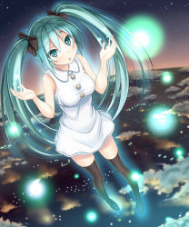 Rule 34 | 1girl, bow, dress, green eyes, green hair, hair bow, hatsune miku, long hair, looking at viewer, matching hair/eyes, open mouth, revision, solo, thighhighs, twintails, very long hair, violetshit, vocaloid