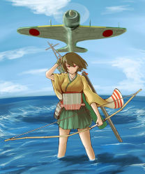 Rule 34 | 10s, 1girl, a6m zero, aircraft, airplane, alternate eye color, angry, archery, arrow (projectile), blue sky, bow (weapon), breasts, brown hair, cloud, day, flight deck, gloves, hiryuu (kancolle), imperial japanese navy, japanese clothes, kantai collection, kyuudou, large breasts, muneate, ocean, partially fingerless gloves, partly fingerless gloves, personification, quiver, red eyes, shao (newton), short hair, side ponytail, single glove, skirt, sky, water, weapon, yugake