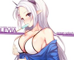 Rule 34 | 1girl, bad id, bad pixiv id, bikini, bikini top only, blue shirt, blush, breast hold, breasts, character name, closers, collarbone, copyright name, dripping, eyelashes, food, food in mouth, front-tie top, horns, large breasts, levia (closers), long hair, looking at viewer, mouth hold, no pupils, off shoulder, ofuda, pointy ears, popsicle, purple eyes, seok, shirt, sideboob, silver hair, solo, spaghetti strap, strap gap, swimsuit, tied shirt, upper body, white background, white bikini