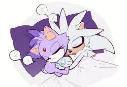 Rule 34 | 1boy, 1girl, blaze the cat, commentary, couple, english commentary, furry, furry female, furry male, hetero, highres, hug, hug from behind, miijiu, no gloves, pillow, silver the hedgehog, simple background, sleeping, sonic (series), under covers, zzz