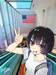 Rule 34 | 1girl, airport, american flag, arm up, backpack, bag, black eyes, black hair, blue bag, bob cut, breasts, english text, escalator, grin, highres, indoors, looking at viewer, los angeles, luggage, mika pikazo, mixed-language commentary, original, photo background, self-portrait, shirt, short hair, short sleeves, signature, sketch, small breasts, smile, solo focus, t-shirt, upper body, v, white shirt, window
