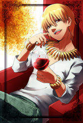 Rule 34 | 1boy, alcohol, bad id, bad pixiv id, blonde hair, bracelet, chair, couch, cup, drinking glass, fate/zero, fate (series), gilgamesh (fate), jewelry, male focus, necklace, official alternate costume, red eyes, red upholstery, ruchi, solo, v-neck, wine, wine glass