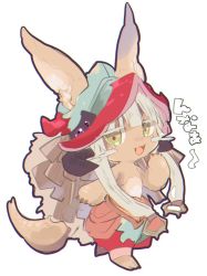 Rule 34 | 1girl, :3, :d, animal ears, bad id, bad twitter id, barefoot, blunt bangs, blush, catchphrase, chibi, ears through headwear, full body, furry, furry female, green eyes, grey hair, hand up, hat, horns, long hair, looking at viewer, made in abyss, namiki omu, nanachi (made in abyss), open mouth, pants, red pupils, simple background, smile, solo, standing, tail, topless, walking, whiskers, white background