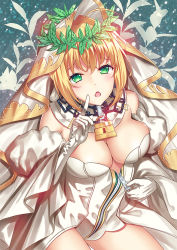 Rule 34 | 10s, 1girl, ahoge, blonde hair, blush, breasts, chain, cleavage, cowboy shot, detached sleeves, fate/extra, fate/extra ccc, fate (series), gloves, green eyes, hair intakes, large breasts, laurel crown, leotard, lock, long sleeves, looking at viewer, majin (kiidoumajin), naughty face, nero claudius (bride) (fate), nero claudius (bride) (third ascension) (fate), nero claudius (fate), nero claudius (fate) (all), open mouth, padlock, solo, unzipping, veil, white gloves, white leotard, wide sleeves, zipper