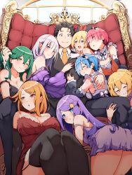 Rule 34 | 1boy, 6+girls, absurdres, all fours, anastasia hoshin, bare shoulders, blonde hair, blue hair, breasts, character request, cleavage, closed eyes, closed mouth, collarbone, crusch karsten, emilia (re:zero), felt (re:zero), frederica baumann, from below, green hair, hand in another&#039;s hair, hand on another&#039;s chest, hand on another&#039;s shoulder, harem, highres, hug, hugging another&#039;s leg, large breasts, looking at viewer, looking down, maid, multiple girls, natsuki subaru, open mouth, pink hair, priscilla barielle, purple hair, ram (re:zero), re:zero kara hajimeru isekai seikatsu, rem (re:zero), siblings, sitting, small breasts, spread legs, throne, twins, white hair, zerobarto