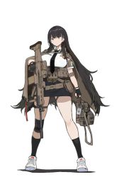Rule 34 | 1girl, assault rifle, black gloves, black hair, black necktie, black skirt, black socks, breasts, cape, closed mouth, collared shirt, commentary request, expressionless, fn scar, gloves, green eyes, gun, highres, holding, holding gun, holding weapon, knee pads, large breasts, load bearing equipment, looking at viewer, miniskirt, necktie, one (dnjsaos86), original, pepe the frog, rifle, shadow, shirt, shoes, short sleeves, simple background, single knee pad, skirt, sneakers, socks, solo, standing, thigh strap, thighs, weapon, white background, white footwear