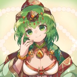 Rule 34 | 1girl, absurdres, bead bracelet, beads, blush, bracelet, breasts, character request, cleavage, closed mouth, collarbone, green eyes, green hair, hair between eyes, hair ornament, hand up, head tilt, highres, jewelry, kuuron (moesann17), long sleeves, medium breasts, pendant, puzzle &amp; dragons, smile, solo, upper body, wide sleeves
