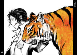 Rule 34 | 1girl, :q, animal, monochrome, partially colored, pillarboxed, profile, shingeki no kyojin, short hair, taum, tiger, tongue, tongue out, ymir (shingeki no kyojin)