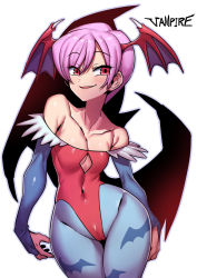 Rule 34 | 1girl, bare shoulders, blue pantyhose, breasts, bridal gauntlets, cameltoe, cleft of venus, covered navel, cowboy shot, head wings, highres, leotard, lilith aensland, pantyhose, purple hair, red eyes, red leotard, short hair, simple background, small breasts, smile, solo, tukiwani, vampire (game), white background, wings
